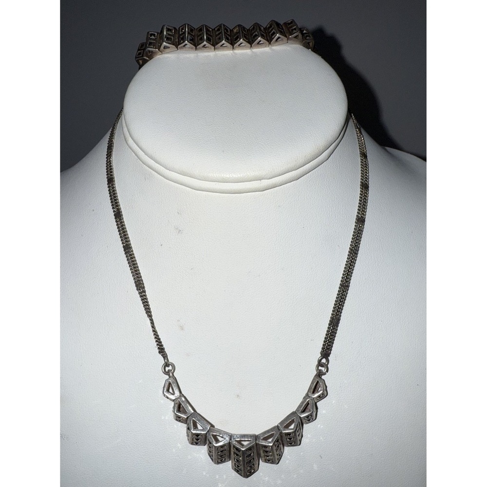 2 Pcs Art Deco Graduated 925 Silver Geometric Marcasite Bib Necklace Bracelet 16